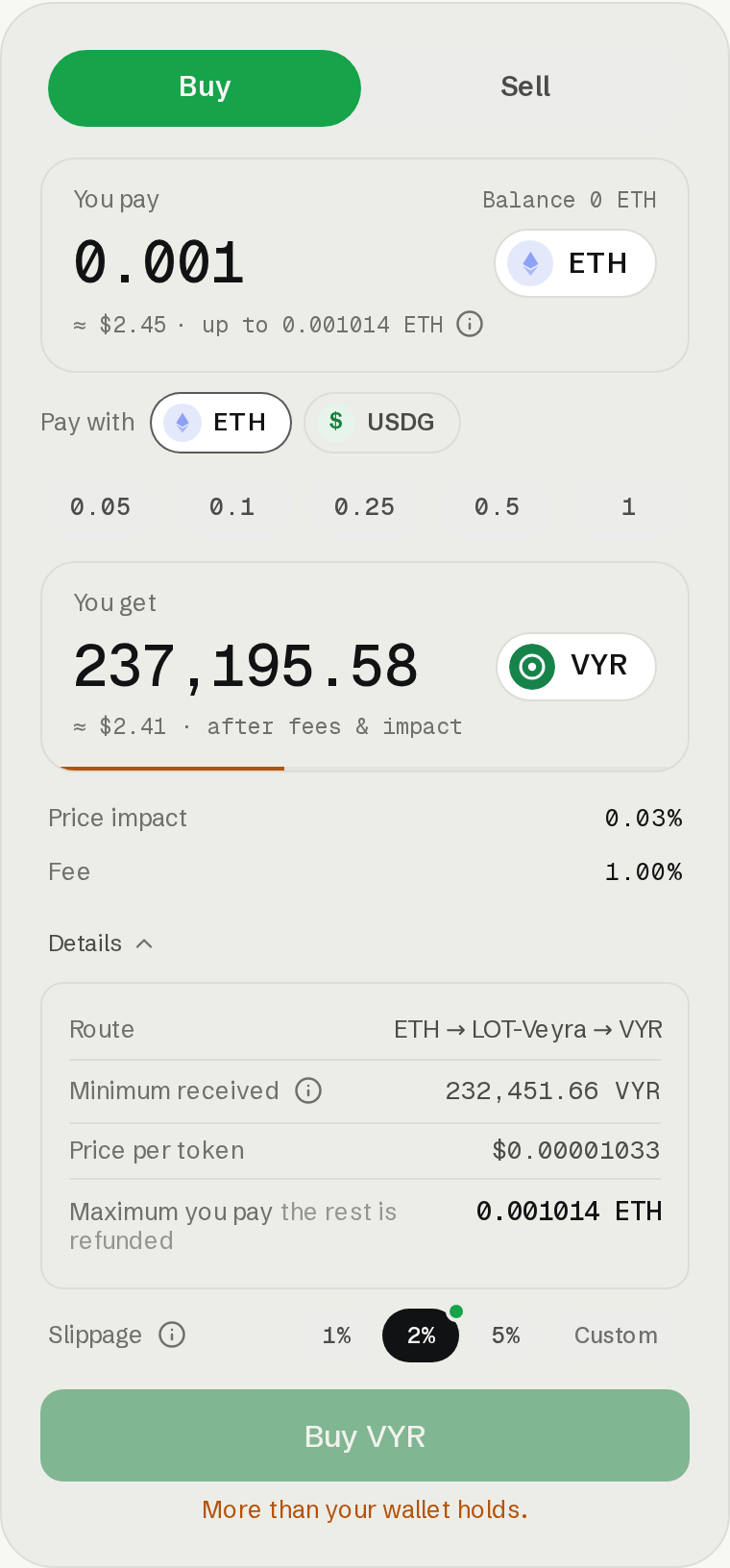 ETH buy quote with output, route, minimum received, maximum payment and slippage controls.