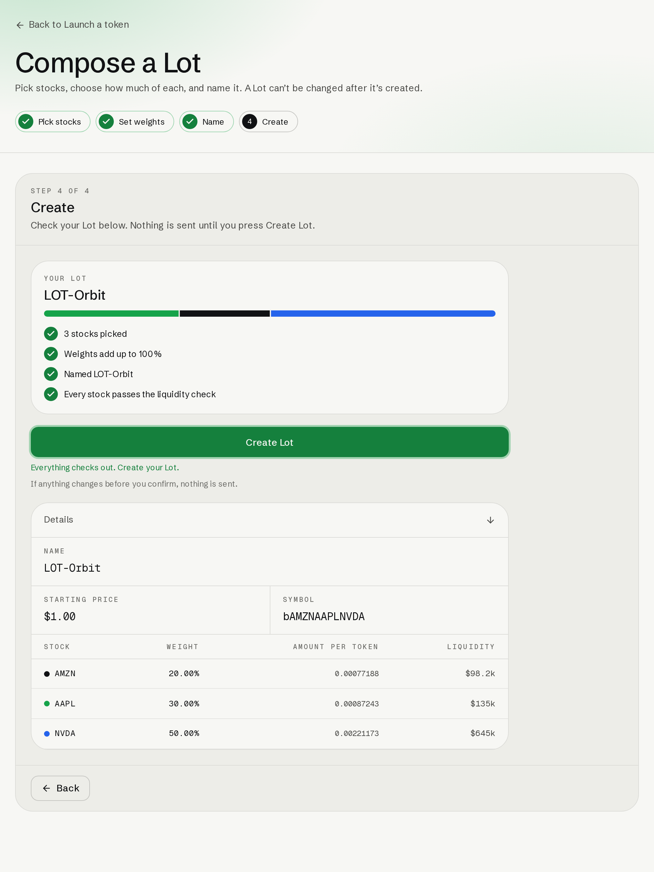 Create screen with the Lot name, allocation and completed composition checks.
