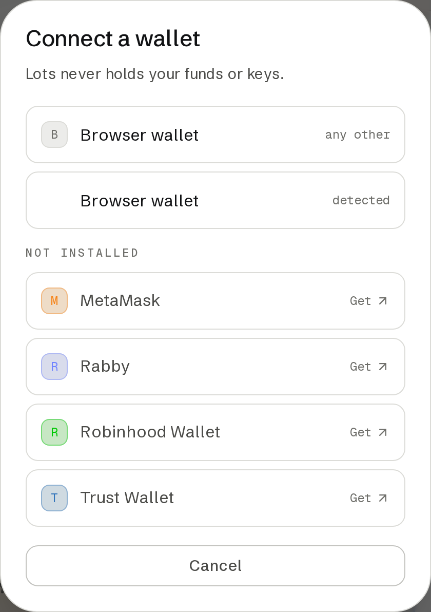 Wallet selection dialog with an available browser wallet and installation links.