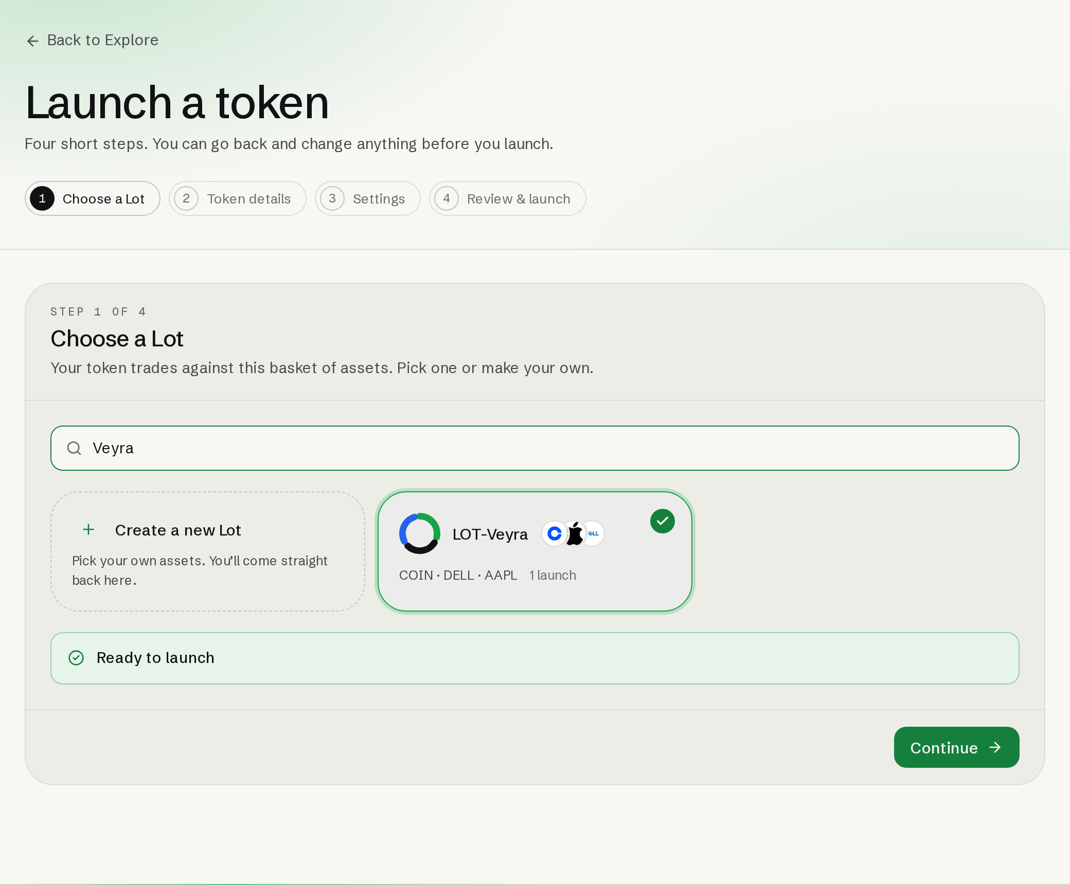 Launch wizard with LOT-Veyra selected from a filtered list.