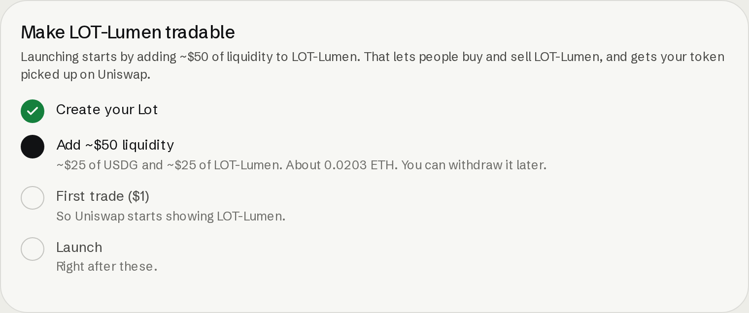 Make LOT-Lumen tradable checklist showing liquidity and the first trade still to complete.
