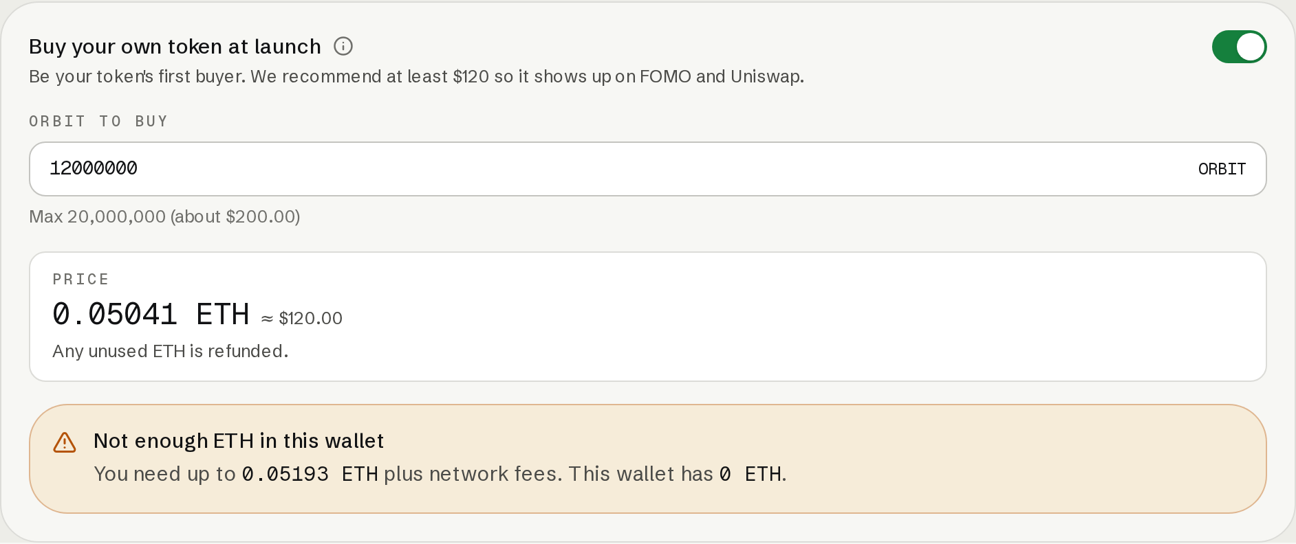 Opening purchase enabled with a token amount, quoted ETH cost and an insufficient-ETH notice.