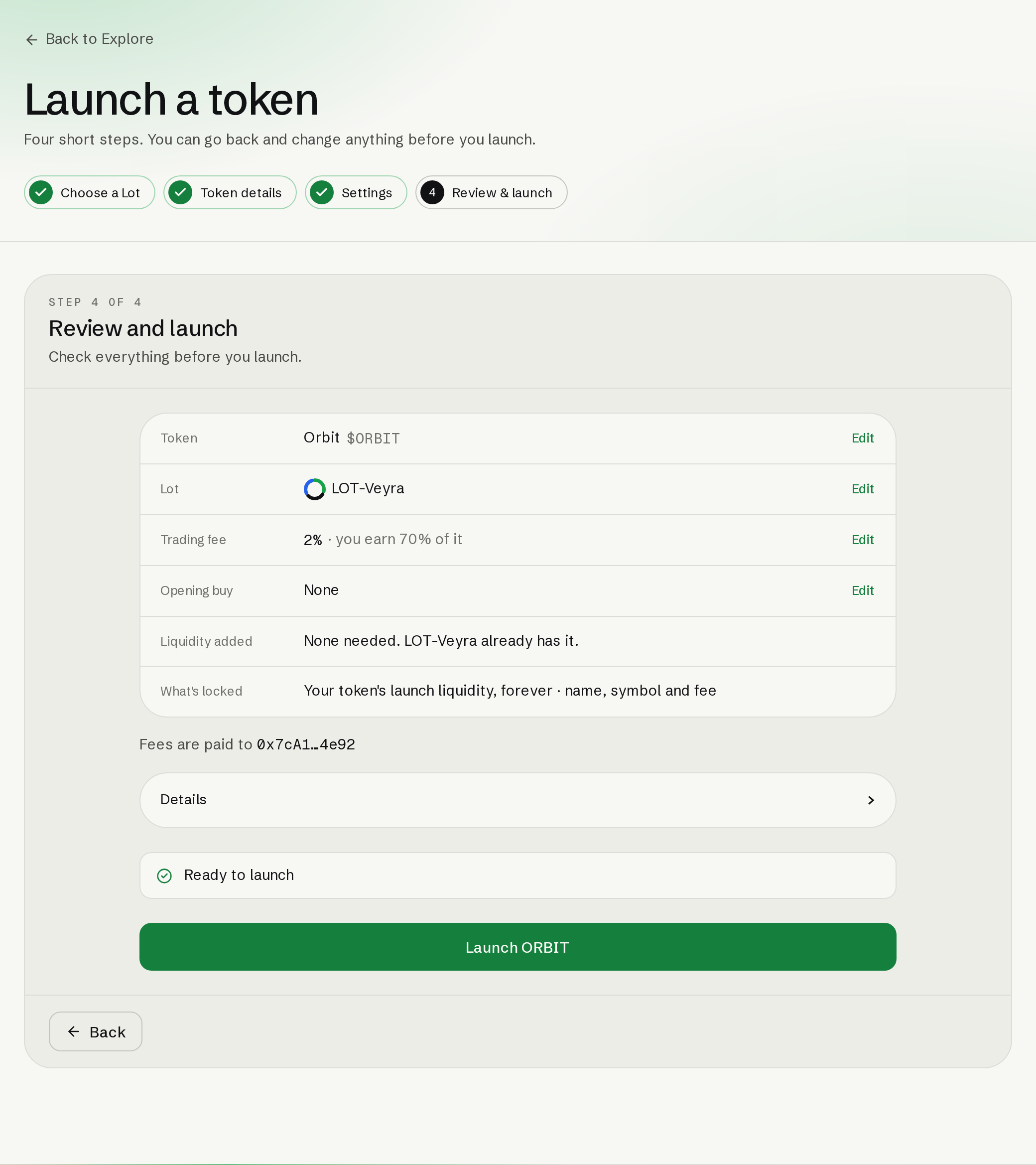 Four-step launch review with Orbit, LOT-Veyra, a 2 percent fee, no opening buy and existing liquidity.