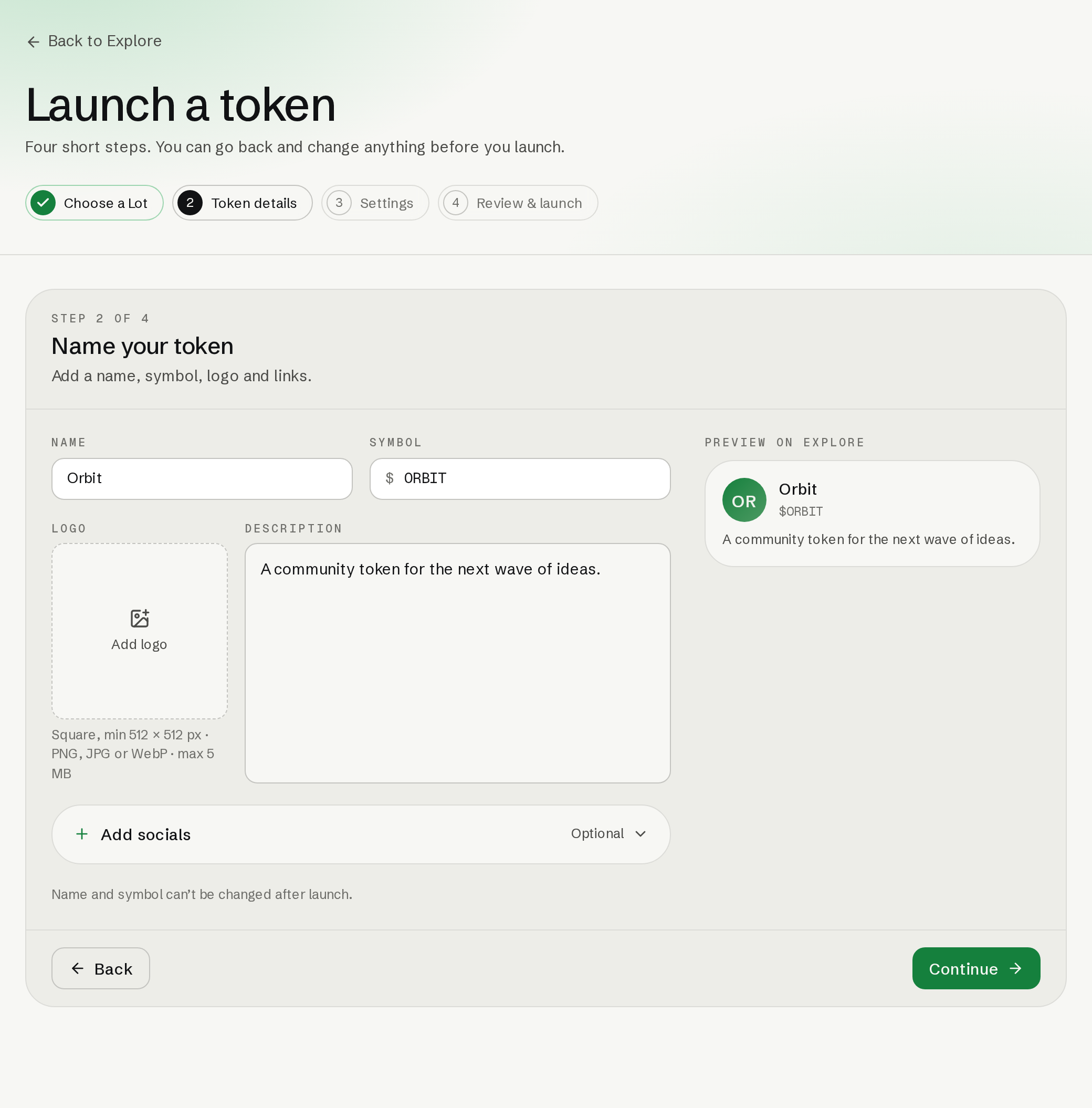 Token details form with the example Orbit name, ORBIT symbol, description, optional socials control and preview.