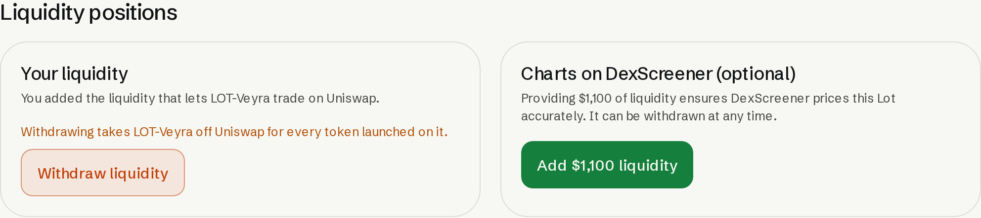 Liquidity positions with Your liquidity and an optional Charts on DexScreener card.