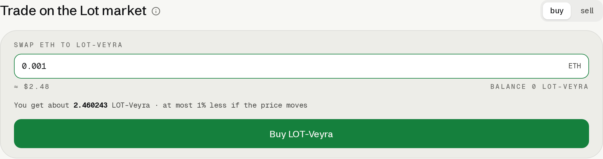 Lot market buy panel with an ETH input, approximate dollar value, existing Lot balance and quoted Lot output.