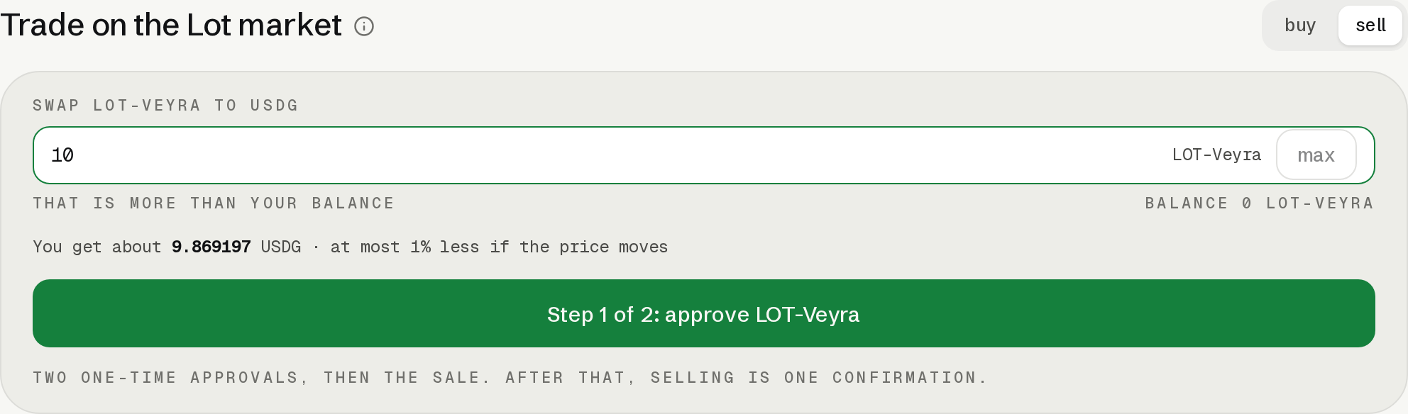 Lot market sell panel showing a USDG quote, wallet balance, max control and the first of two approval steps.