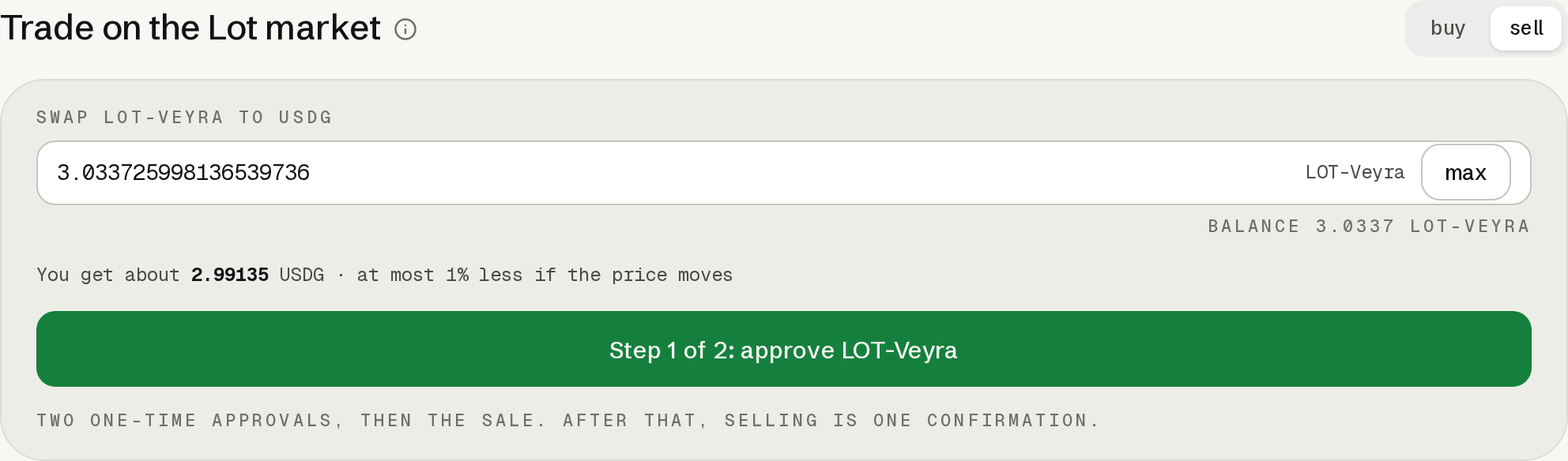 Lot sell panel reached from Portfolio with the full wallet balance entered and its USDG quote.