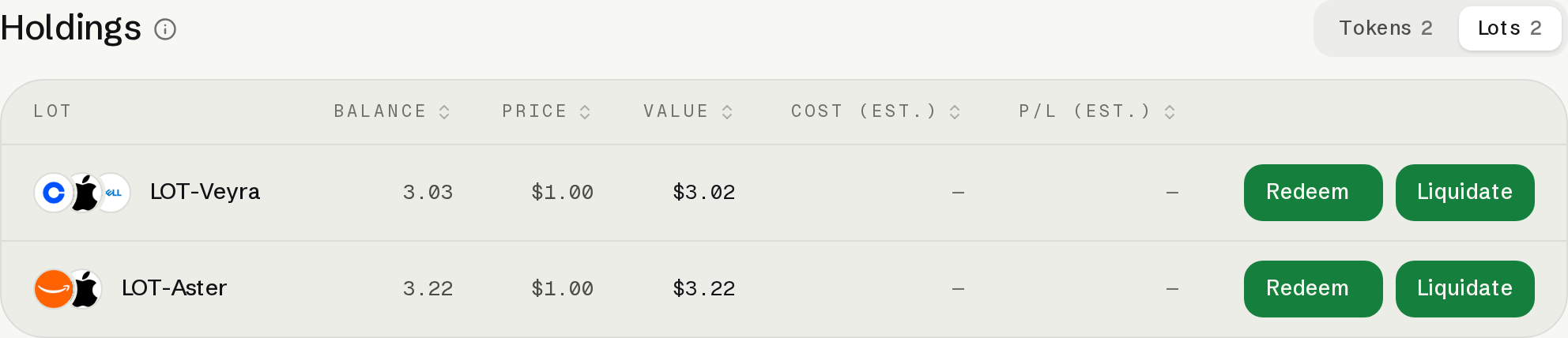 Portfolio Lots tab with balance and value columns and separate Redeem and Liquidate actions.