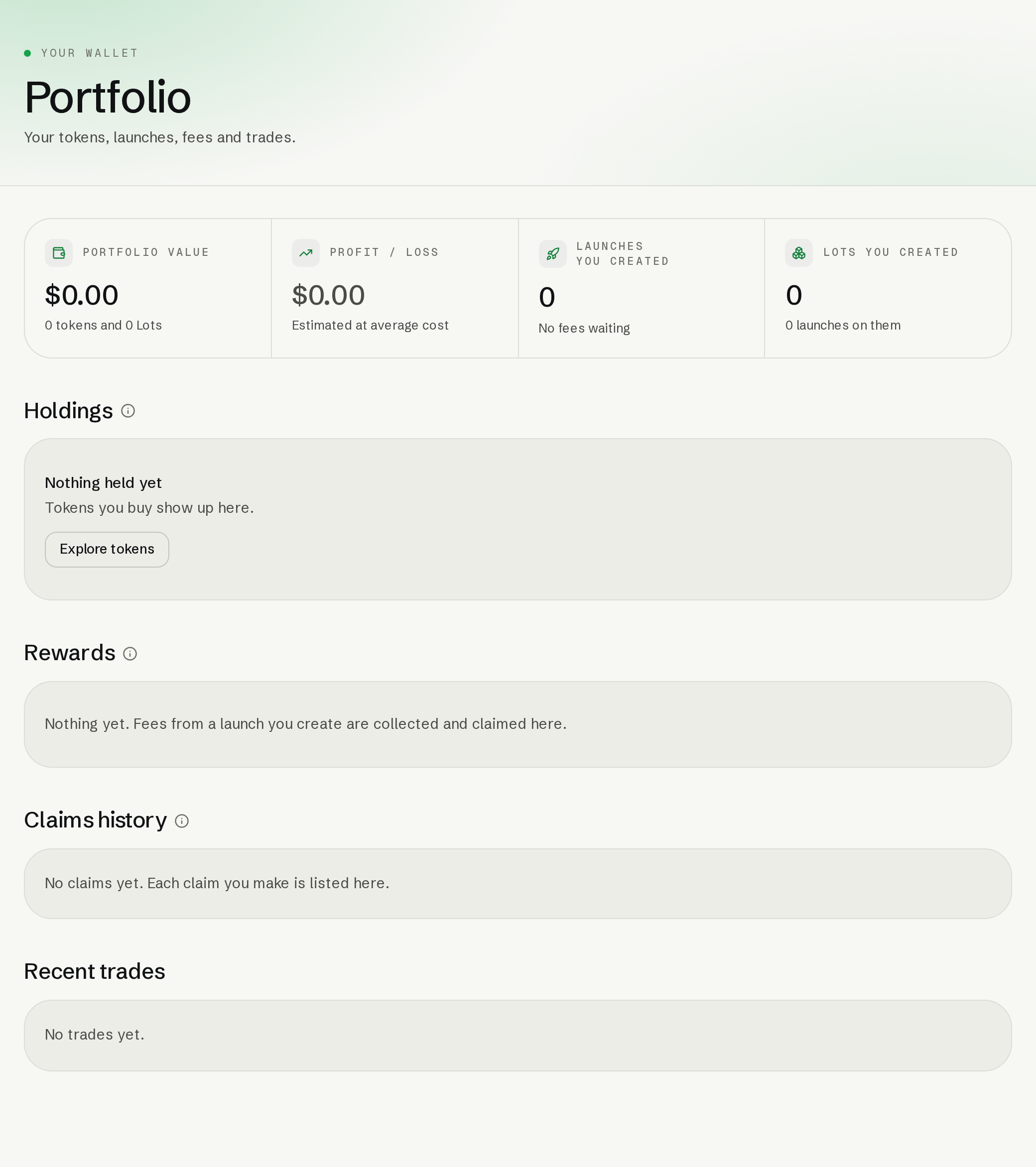 A new wallet’s Portfolio with value, Holdings, Rewards, Claims history and Recent trades.