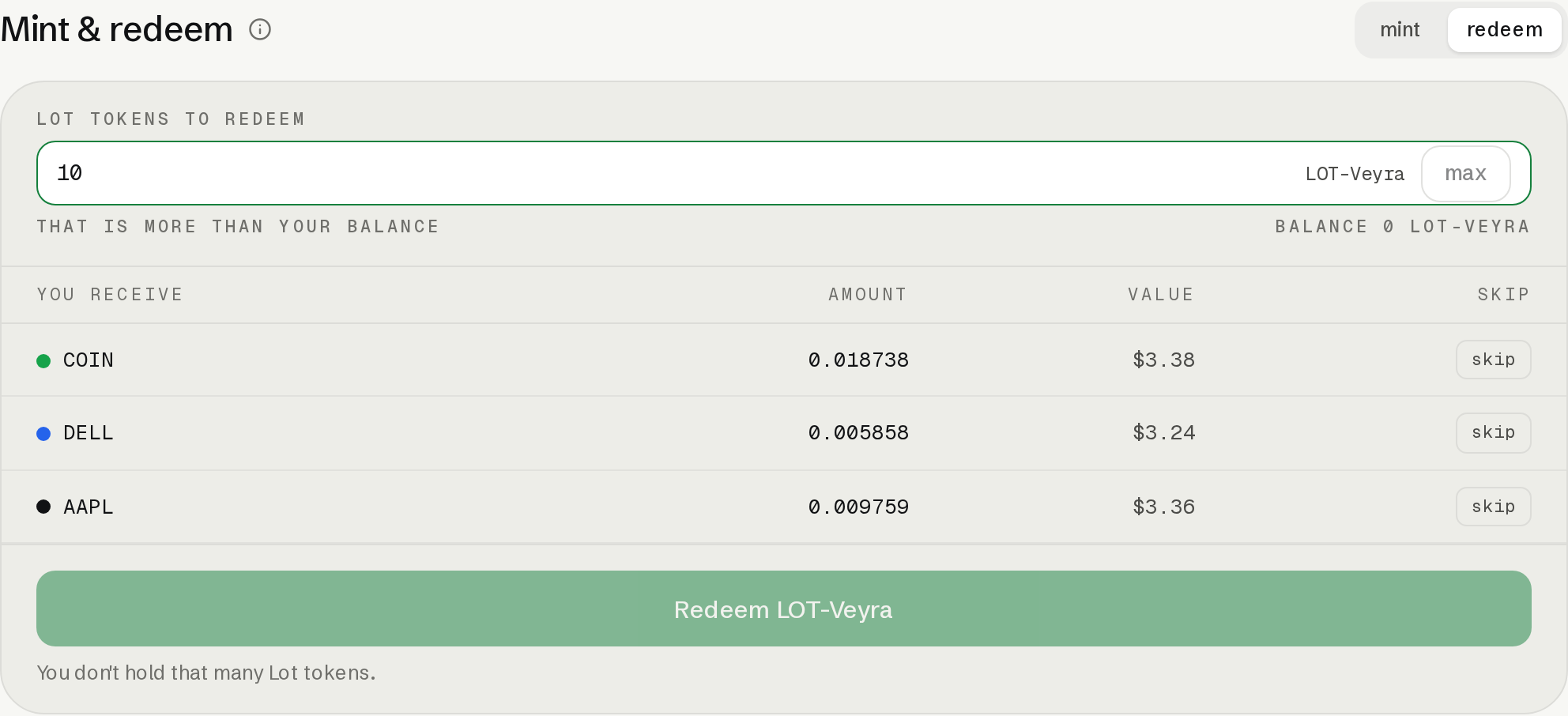 Redemption form previewing component amounts with Skip controls left off and insufficient Lot balance.