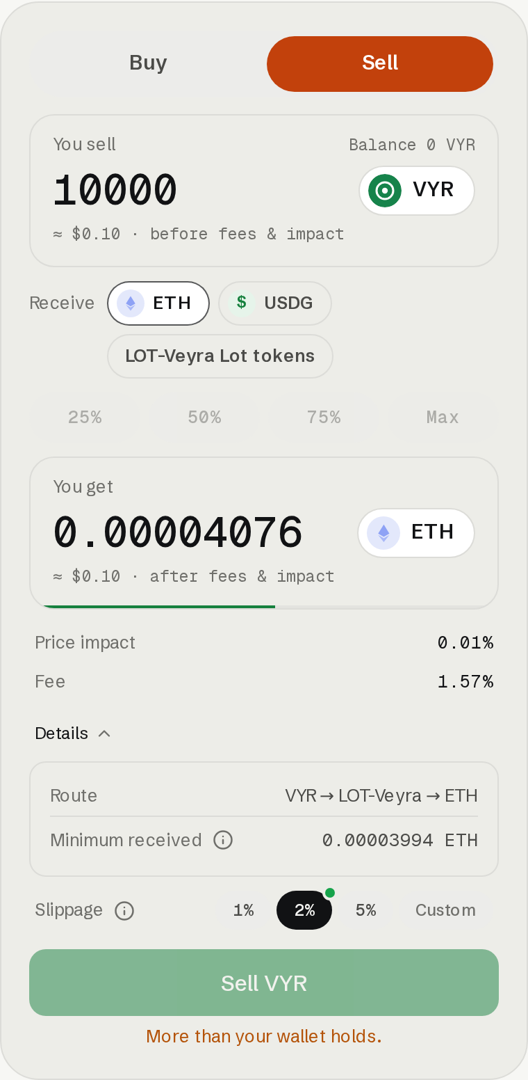 Sell ticket with ETH, USDG and paired Lot-token output choices.