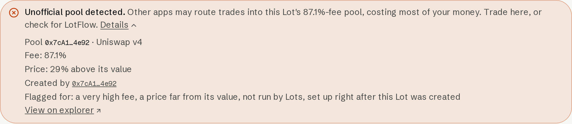 Expanded unofficial-pool warning with the pool fee, price difference, creator, detection reasons and explorer link.